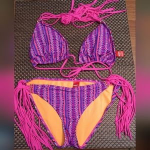 BONGO 2pc Hot Pink Aztec Print 💗 Triangle Bikini Set Size XL 👙